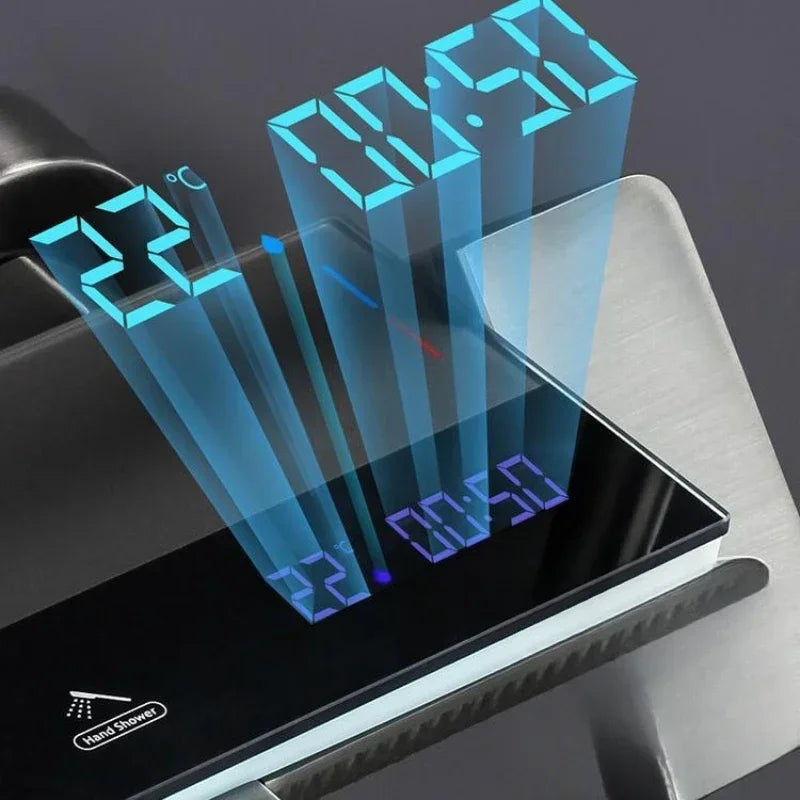 Grey four-function smart digital display shower system with rainfall and pressurized wall-mounted faucet by MC THE BLACK DIAMOND