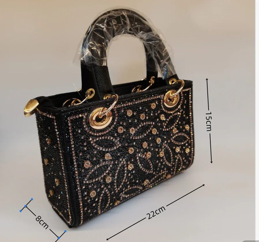 MC The Black Diamond women's rhinestone evening handbag with long chain, embellished clutch style, casual fashion accessory.