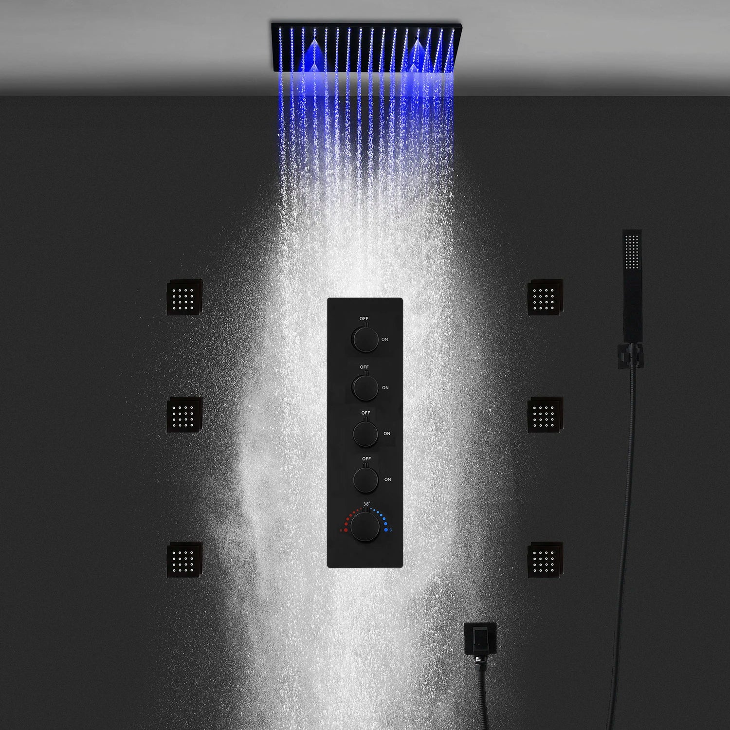 Luxury black LED rainfall shower head with mist spray, side massage jets, and temperature control valve for bath use by 𝕄𝕔 𝕋𝕙𝕖 𝔹𝕝𝕒𝕔𝕜 𝔻�