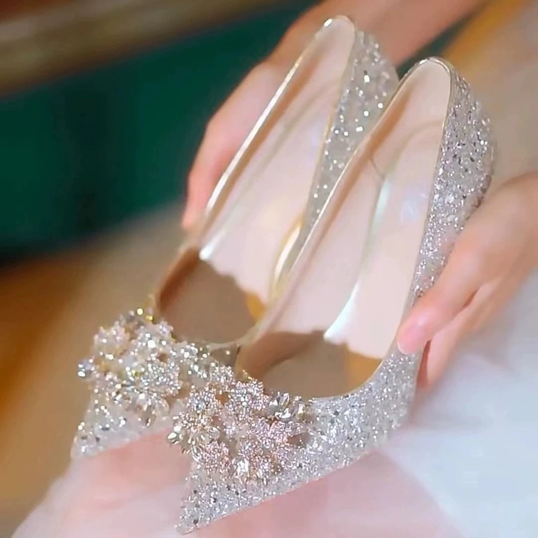 Elegant women's high heel shoes by Mohammand Collection featuring crystal accents, pointed toe, and retro style for parties and weddings.