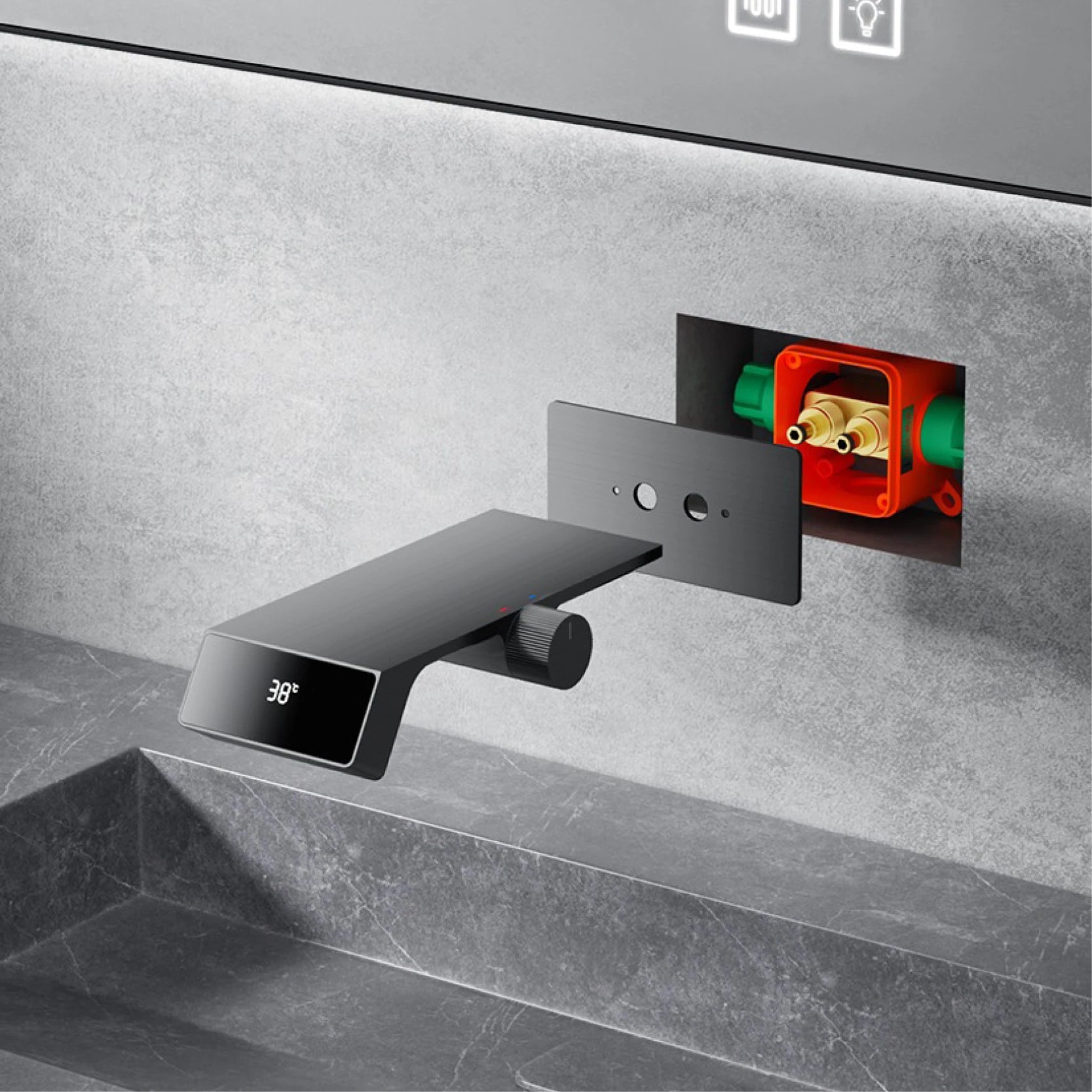 Luxury gun gray brass bathroom faucet with LED digital display, modern home decor fixture by MC THE BLACK DIAMOND.