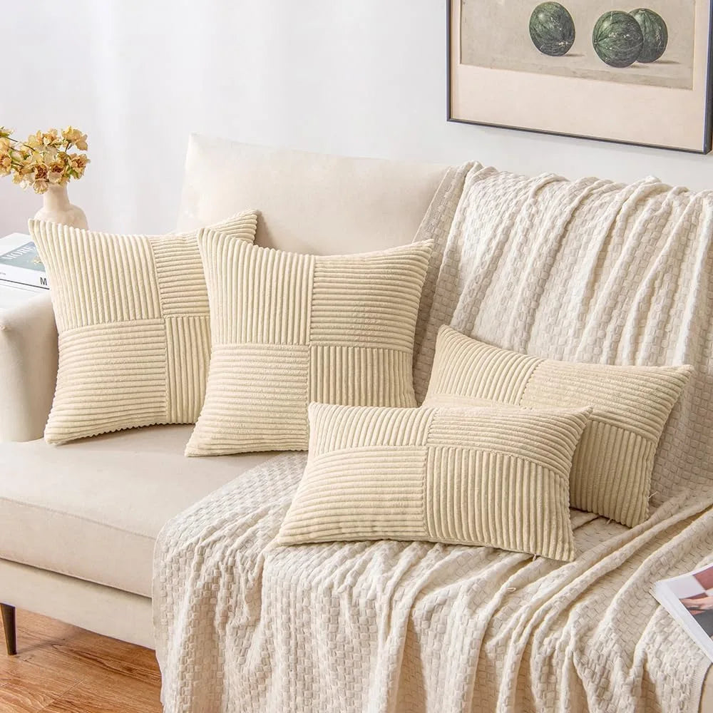 Mustard yellow corduroy pillow cover with boho spliced patchwork design, textured cushion case for soft, stylish decor.