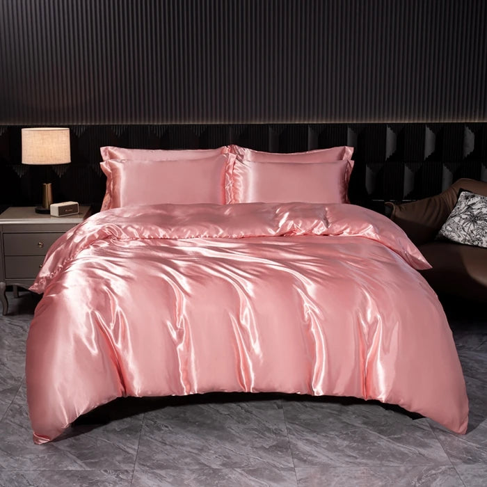 Luxury silk bedsheet set with duvet cover, pillowcases, and bed sheet in single, double, king, and queen sizes by 𝕄𝕔 𝕋𝕙𝕖 𝔹𝕝𝕒𝕔𝕜