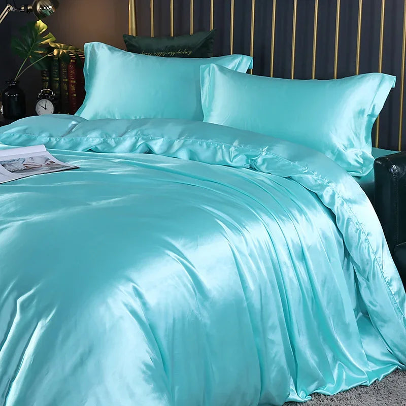 Luxury silk bedding set with duvet cover, fitted sheet, pillowcases in solid color, king and queen sizes by 𝕄𝕔 𝕋𝕙𝕖 𝔹𝕝𝕒𝕔𝕜 𝔻�