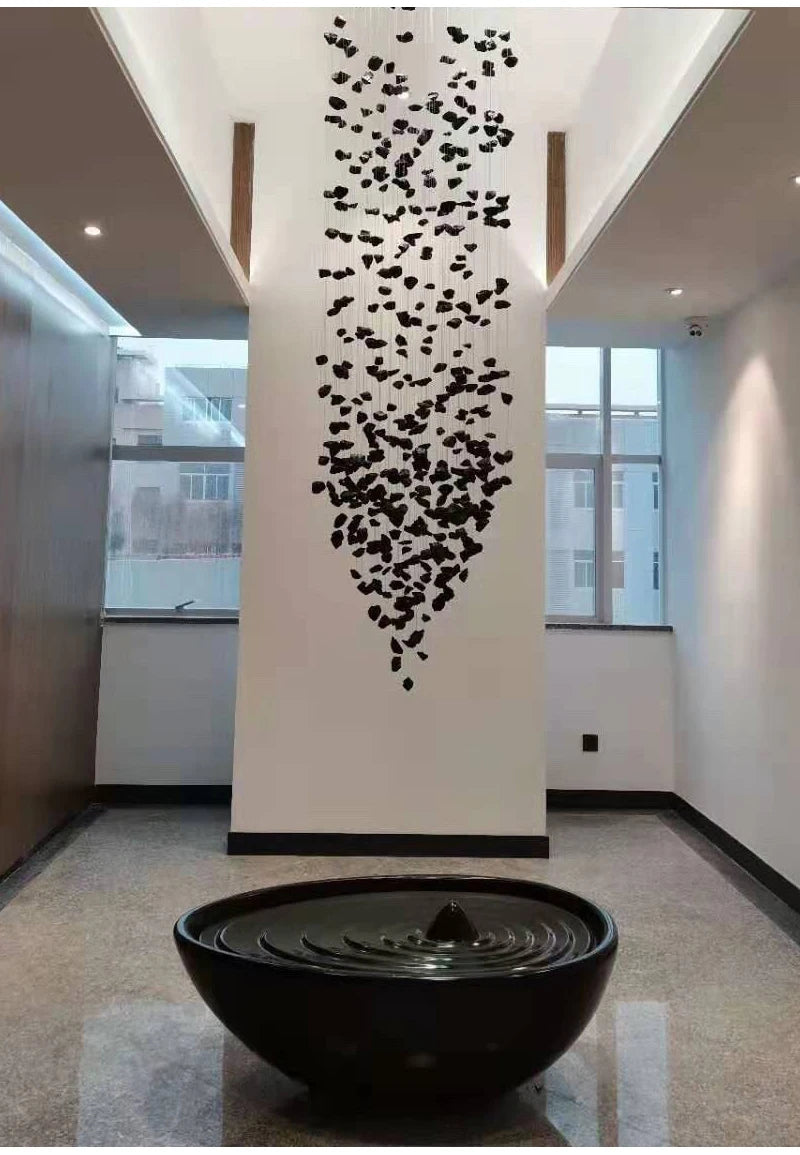 Black Art Luxury Stone Crystal Chandelier by MC THE BLACK DIAMOND, modern LED hanging light fixture with crystal accents for staircase or hallway.
