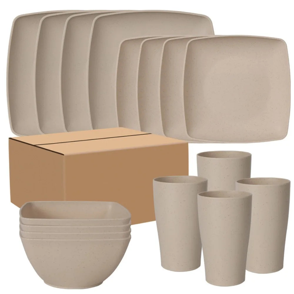 16-piece square plastic dinnerware set from MC The Black Diamonds, includes plates and bowls for kitchen use.
