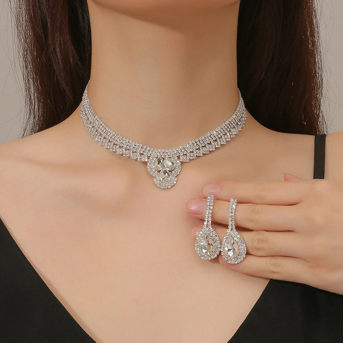 Women's jewelry set with rhinestone earrings and necklace from 𝕄𝕔 𝕋𝕙𝕖 𝔹𝕝𝕒𝕔𝕜 𝔻𝕚𝕒𝕞𝕠�