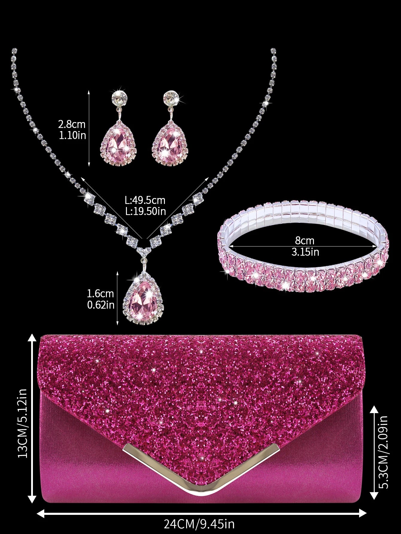 Sparkling MC THE BLACK DIAMOND sequined evening clutch with rhinestone necklace, earrings, and bracelet set for women.