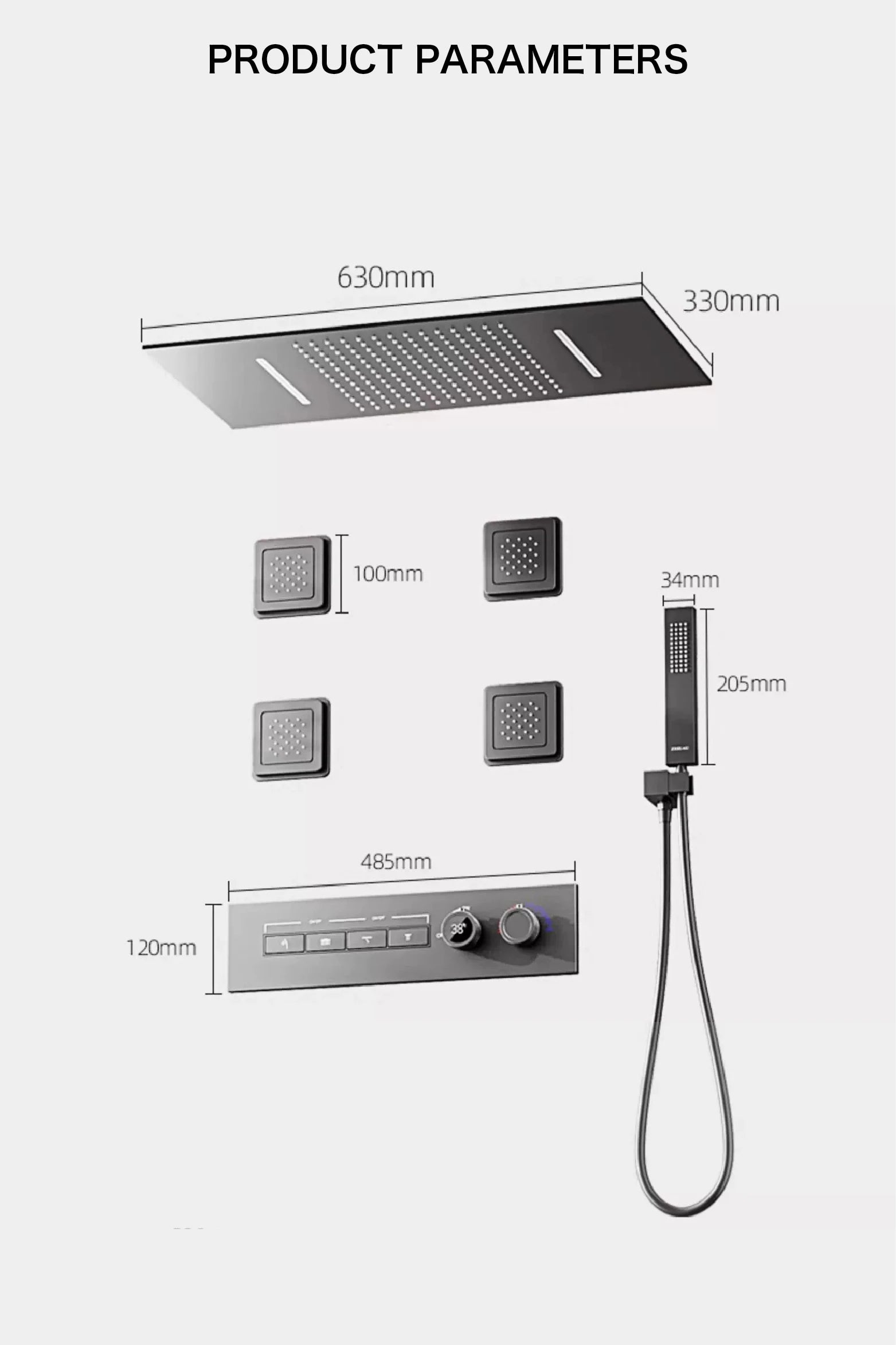 Luxury gray brass shower system with ceiling design, hidden LED display, dual hot and cold controls, bathroom faucet by 𝕄𝕔 𝕋𝕙𝕖 𝔹𝕝𝕒𝕔𝕜 𝔻�