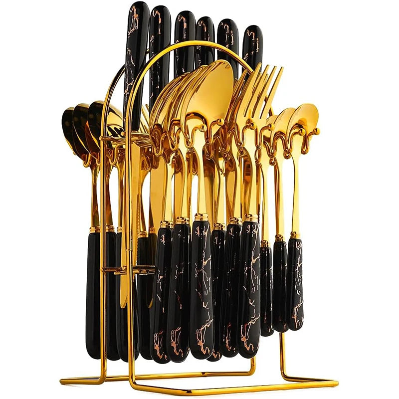 Stainless steel LMETJMA 24-piece flatware set with knives, forks, and spoons from 𝕄𝕔 𝕋𝕙𝕖 𝔹𝕝𝕒𝕔𝕜 𝔻�