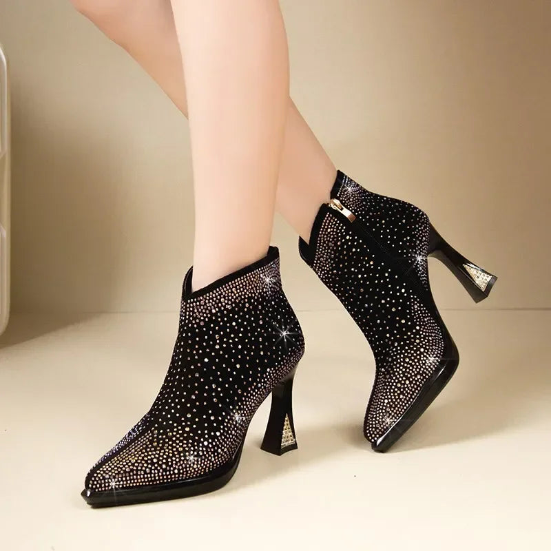 Women's short boots with thick square high heels from Mohammad Collection, featuring stylish design and ankle-length cut.