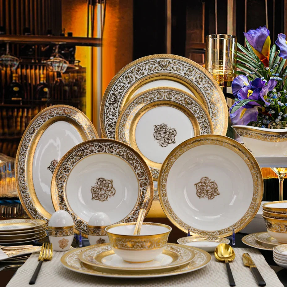 Karosa Luxury 84-piece embossed gold porcelain dinnerware set including plates, bowls, and dishes by 𝕄𝕔 𝕋𝕙𝕖 𝔹𝕝𝕒𝕔𝕜 𝔻𝕚