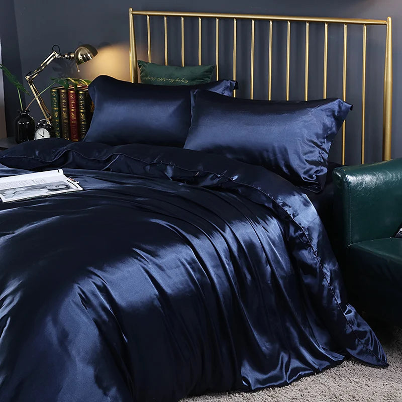 Luxury silk bedding set with duvet cover, fitted sheet, flat sheet, and pillowcases in solid color, king and queen sizes, by 𝕄𝕔 𝕋𝕙𝕖 𝔹𝕝𝕒𝕔𝕜