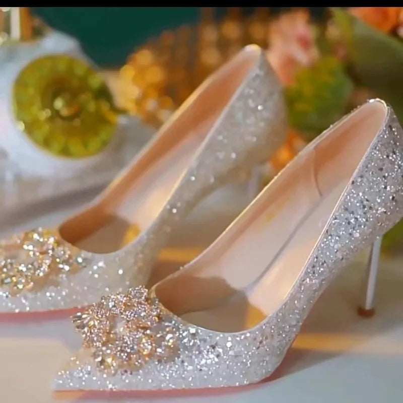 Women's high heel shoes by Mohammand Collection with crystal embellishments, pointed toe, elegant retro design, perfect for parties and weddings.