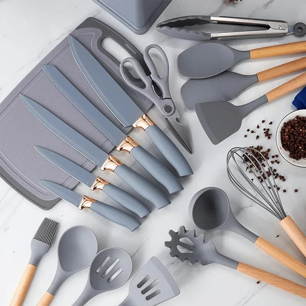 Set of 19 non-stick silicone kitchen utensils including spatulas, spoons, and tongs from 𝕄𝕔 𝕋𝕙𝕖 𝔹𝕝𝕒𝕔𝕜 𝔻𝕚