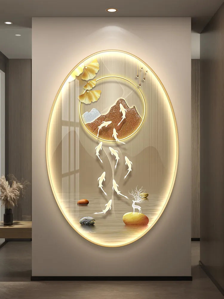 Light luxury wall art poster featuring nine fish illuminated LED painting, ideal for high-end living room or corridor decor.