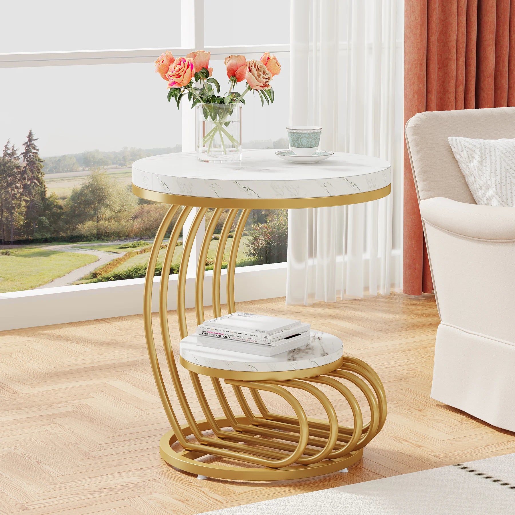 Tribesigns gold round end table with two tiers, faux marble surface, storage shelf, modern white and gold finish.