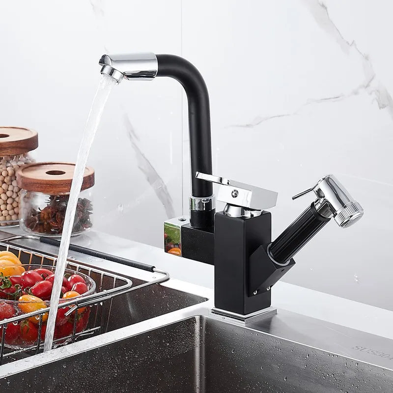 Black deck-mounted kitchen sink faucet by MC THE BLACK DIAMOND with flexible pull-out spray and spring spout in chrome silver finish