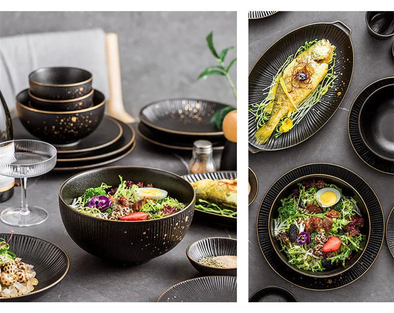 Black porcelain dinner plate with gold rim from 𝕄𝕮 𝕋𝕙𝕖 𝔹𝕝𝕒𝕔𝕜 𝔻𝕚𝕒𝕞𝕠𝕟