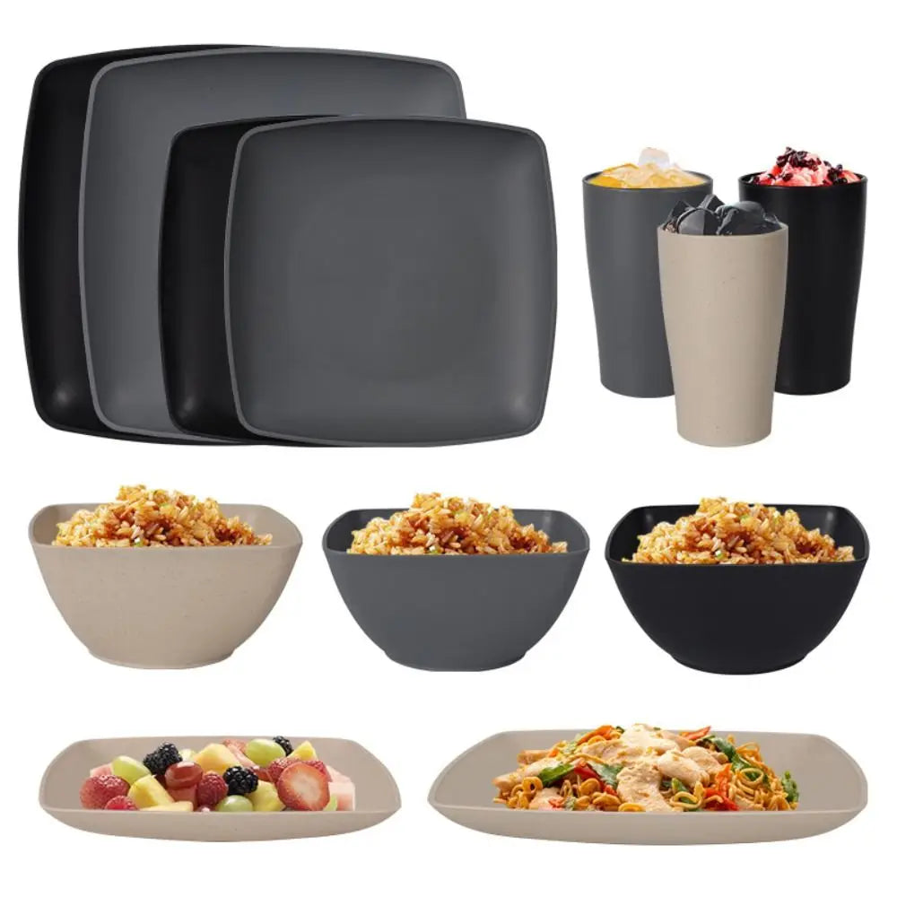 Set of 16 square plastic dinnerware pieces from MC The Black Diamonds, including plates and bowls for kitchen use.