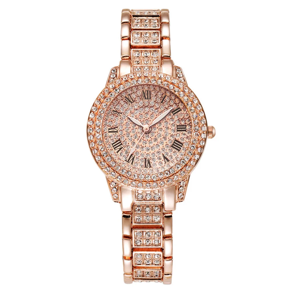 Casual ladies quartz wrist watch bracelet set with six jewelry pieces from Mohammad Collection, featuring elegant designs and metallic finishes.