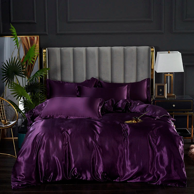 Silky satin duvet cover set with three pieces in a luxurious black color, perfect for bedsheets from 𝕄𝕔 𝕋𝕙𝕖 𝔹𝕝𝕒𝕔𝕜 𝔻𝕚