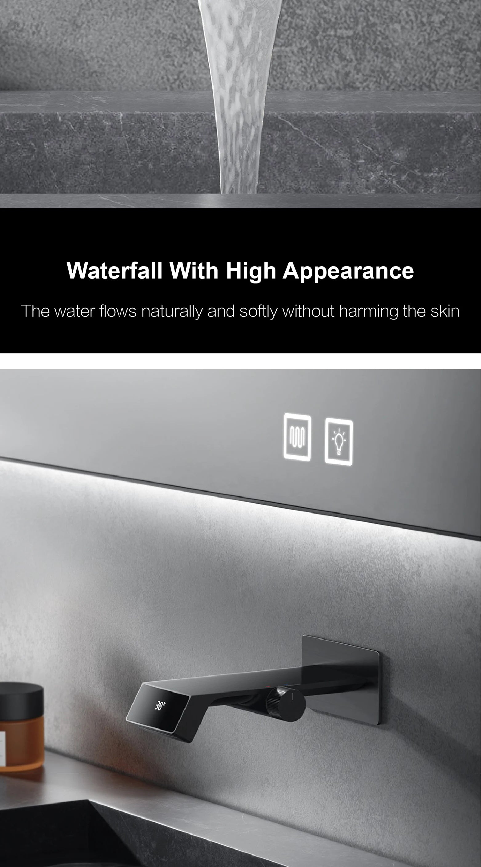Luxury gray brass bathroom faucet with LED digital display, designed for modern home decor by MC THE BLACK DIAMOND.