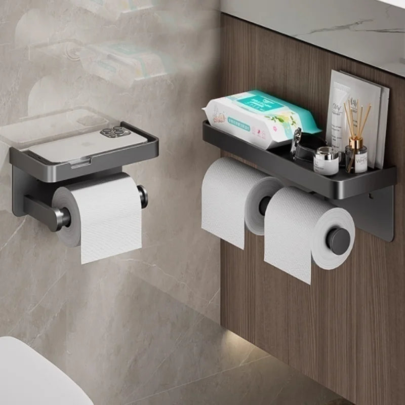 Wall-mounted MC THE BLACK DIAMOND toilet tissue box and phone holder, waterproof storage rack with tissue tube holder for bathroom use.
