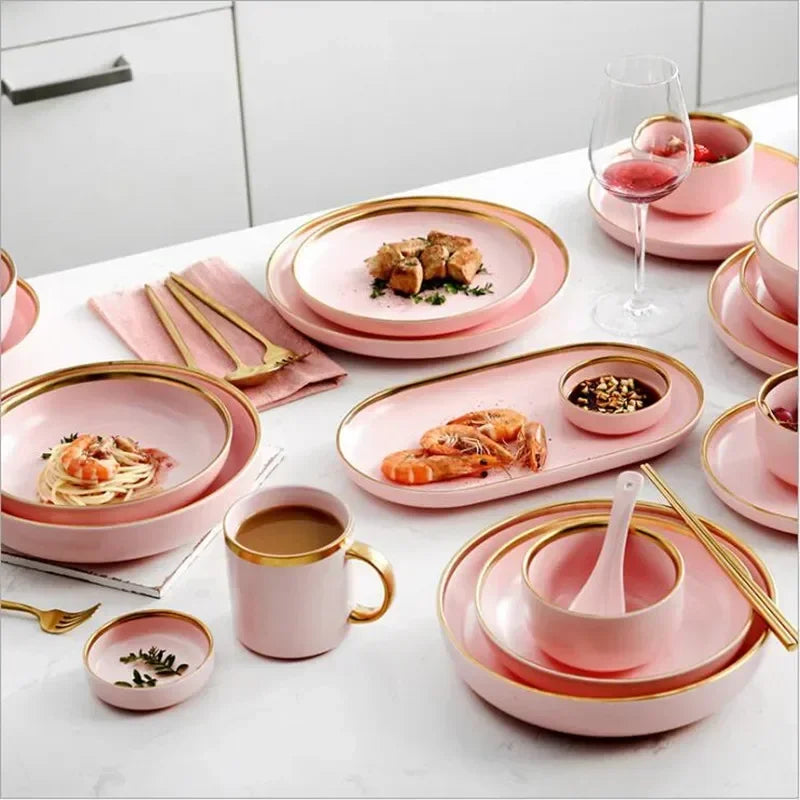 Pink porcelain dinner plate with gilt rim from 𝕄𝕔 𝕋𝕙𝕖 𝔹𝕝𝕒𝕔𝕜 𝔻𝕚𝕒𝕞𝕠𝕟