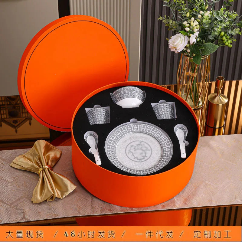 European style gray H horse drawn cart kitchen tableware set with bone china bowls, plates, spoons in a circular gift box.