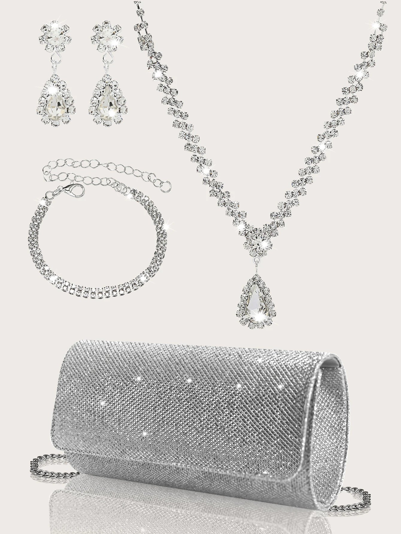 Elegant black MC THE BLACK DIAMOND party clutch with rhinestone jewelry set including necklace, earrings, and bracelet.