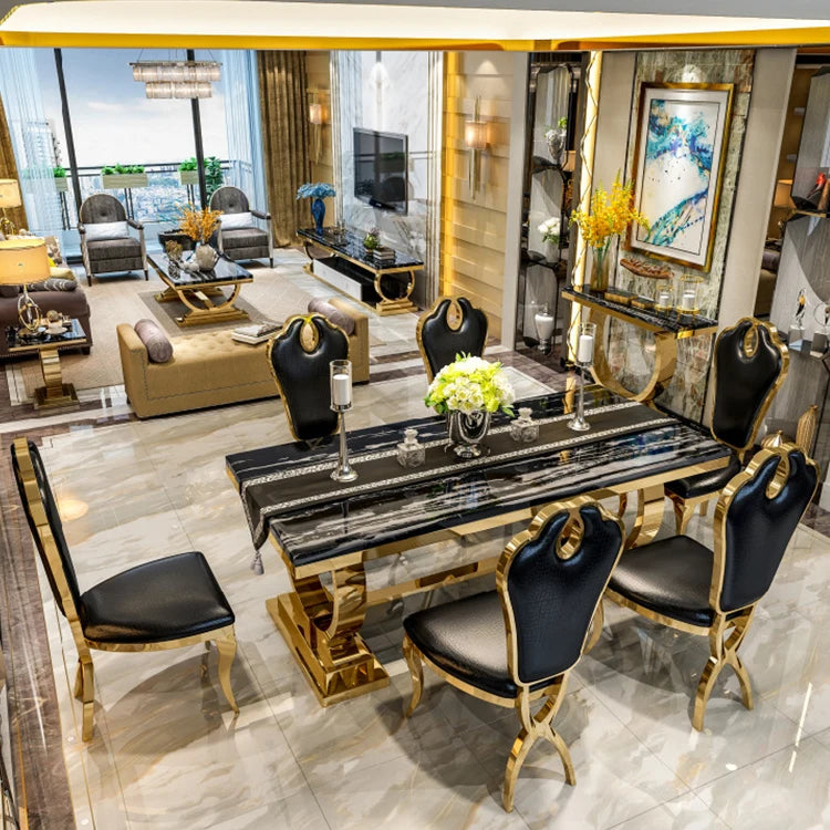 Royal Nordic Light Luxury Dining Table set with marble top and silver stainless steel legs, seats 4 to 8, modern home decor.