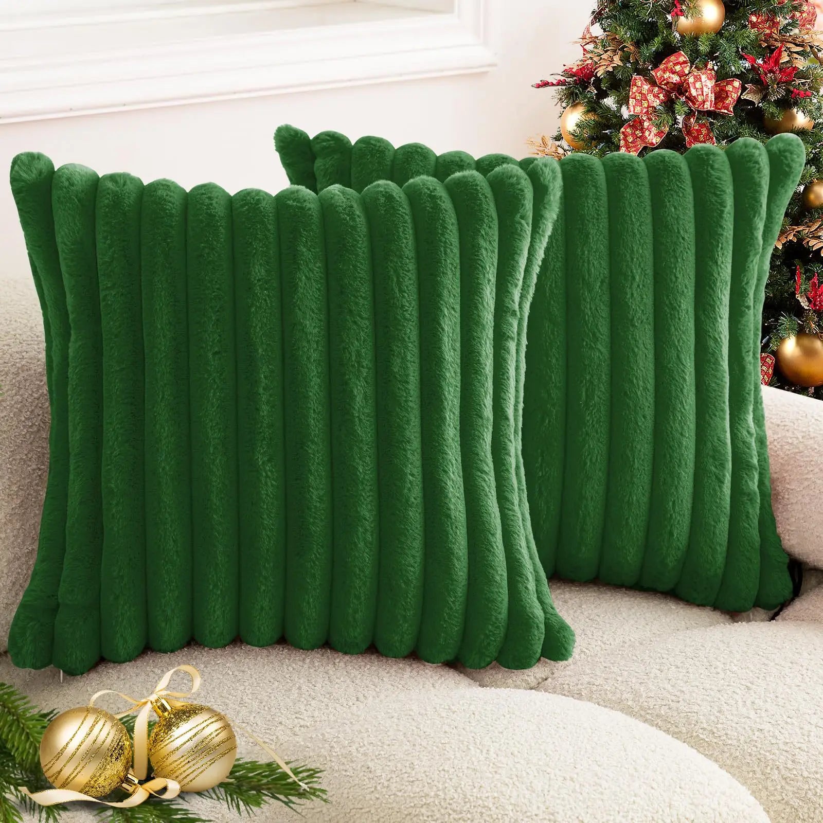Soft faux rabbit fur square cushion cover by MC THE BLACK DIAMOND, 24x24 inch striped solid color pillow for sofa decor.