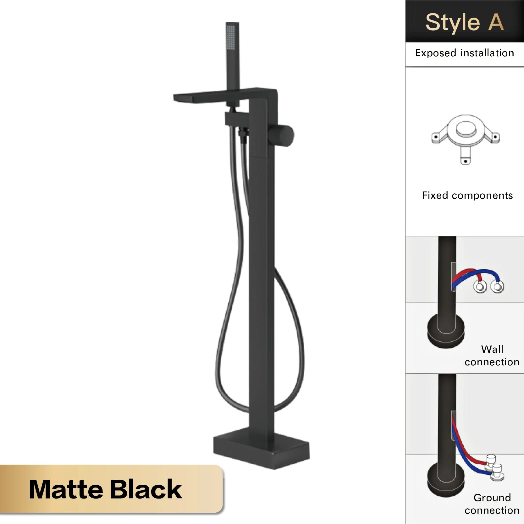 Luxury black brass bathroom floor-standing bathtub faucet with single handle for hot and cold water, embedded modern design.