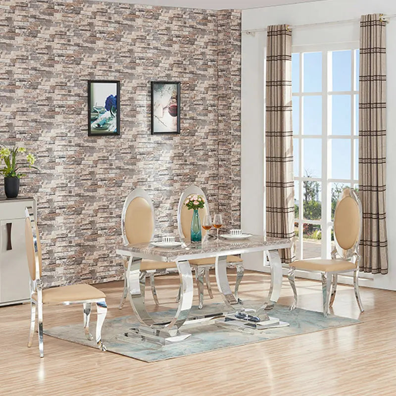 Royal Nordic Light Luxury Style dining table set with marble top and silver stainless steel legs, seats 4 to 8, modern home decor.