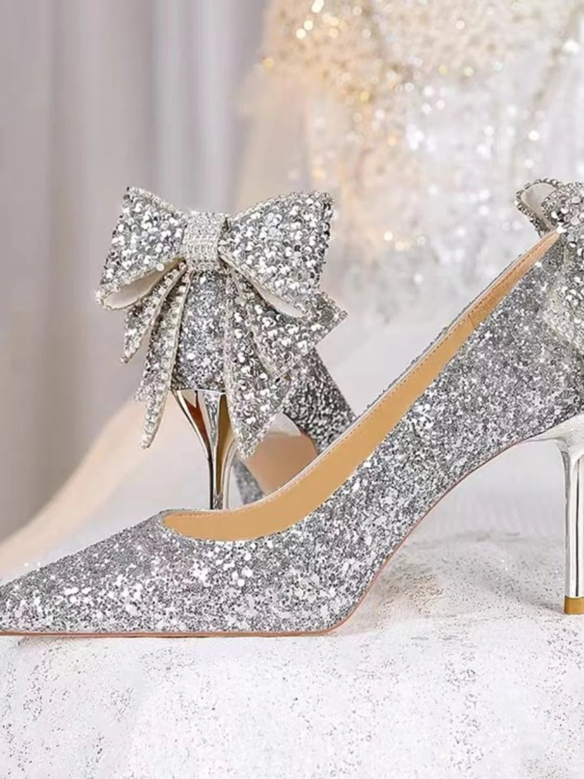 Silver crystal soft leather high heels slip-on shoes by Mohammad Collection with pointed toes for women’s wedding and banquet events.