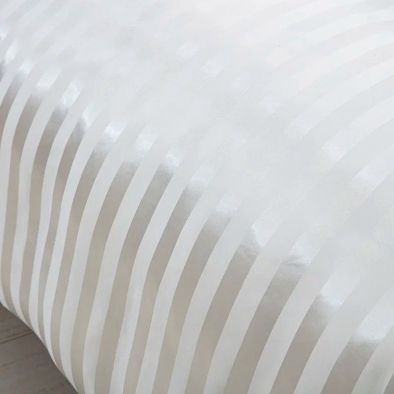 Luxury satin striped duvet cover set in ivory white with silky, smooth texture, available in full, queen, king, single, and double sizes.