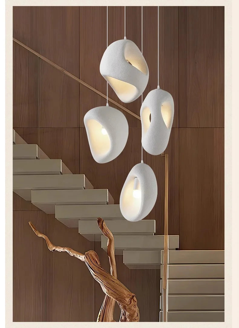 Nordic Villa Stairs Wabi Sabi E27 LED pendant light by MC THE BLACK DIAMOND, showcasing a minimalist, textured design with warm illumination.