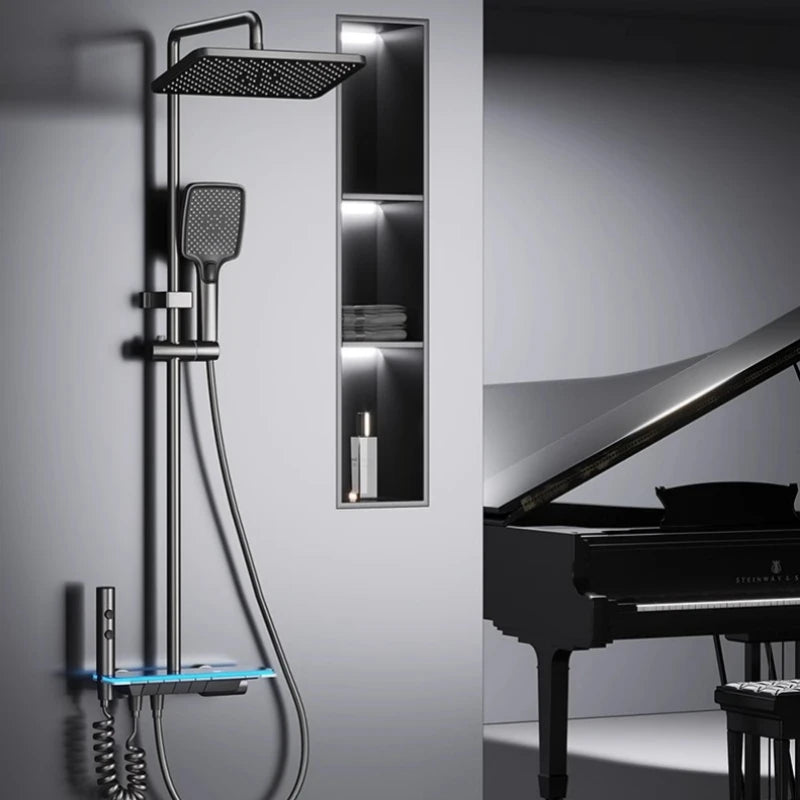 MC THE BLACK DIAMOND four-function digital display shower system with rainfall and pressurized wall-mounted shower faucet set.
