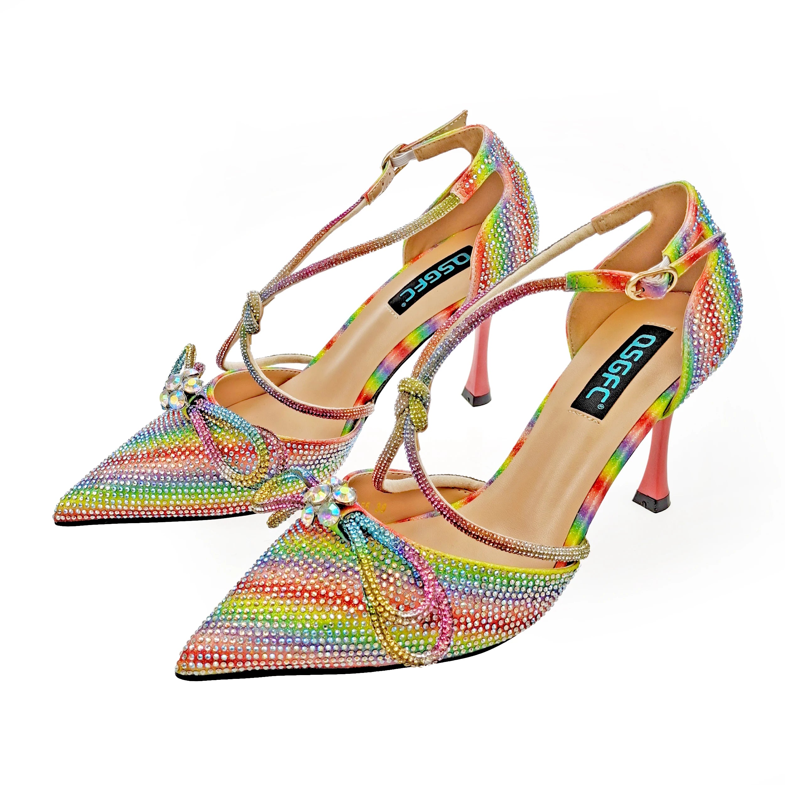 MC THE BLACK DIAMOND purple rhinestone party heels with pointed toes and high heels, featuring a matching shoes and bags set.