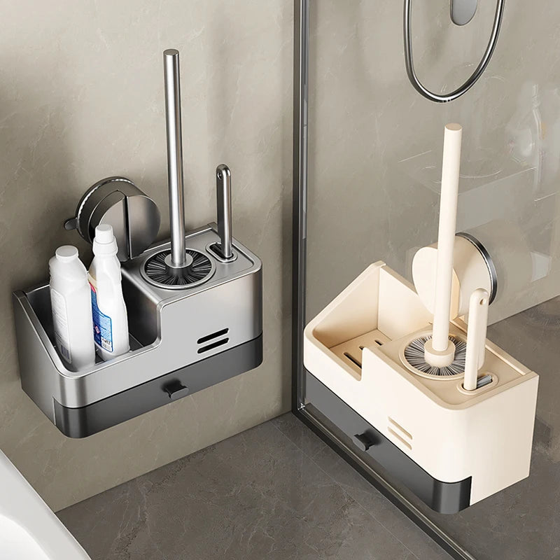 Wall-mounted bathroom storage rack with suction cups and toilet brush from 𝕄𝕔 𝕋𝕙𝕖 𝔹𝕝𝕒𝕔𝕜 𝔻𝕚𝕒𝕞�