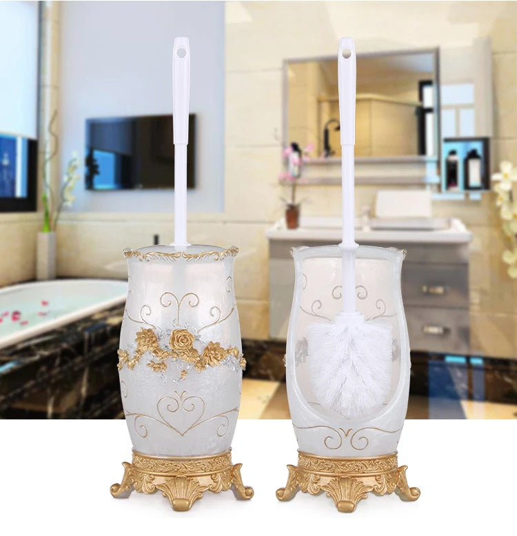 European resin bathroom decor set including soap dispenser, toothbrush holder, cup, soap dish, toilet brush, and wastebin by MC THE BLACK DIAMOND.