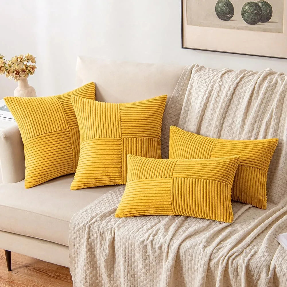 Mustard yellow corduroy pillow cover with boho spliced design, soft textured cushion case by MC THE BLACK DIAMOND.