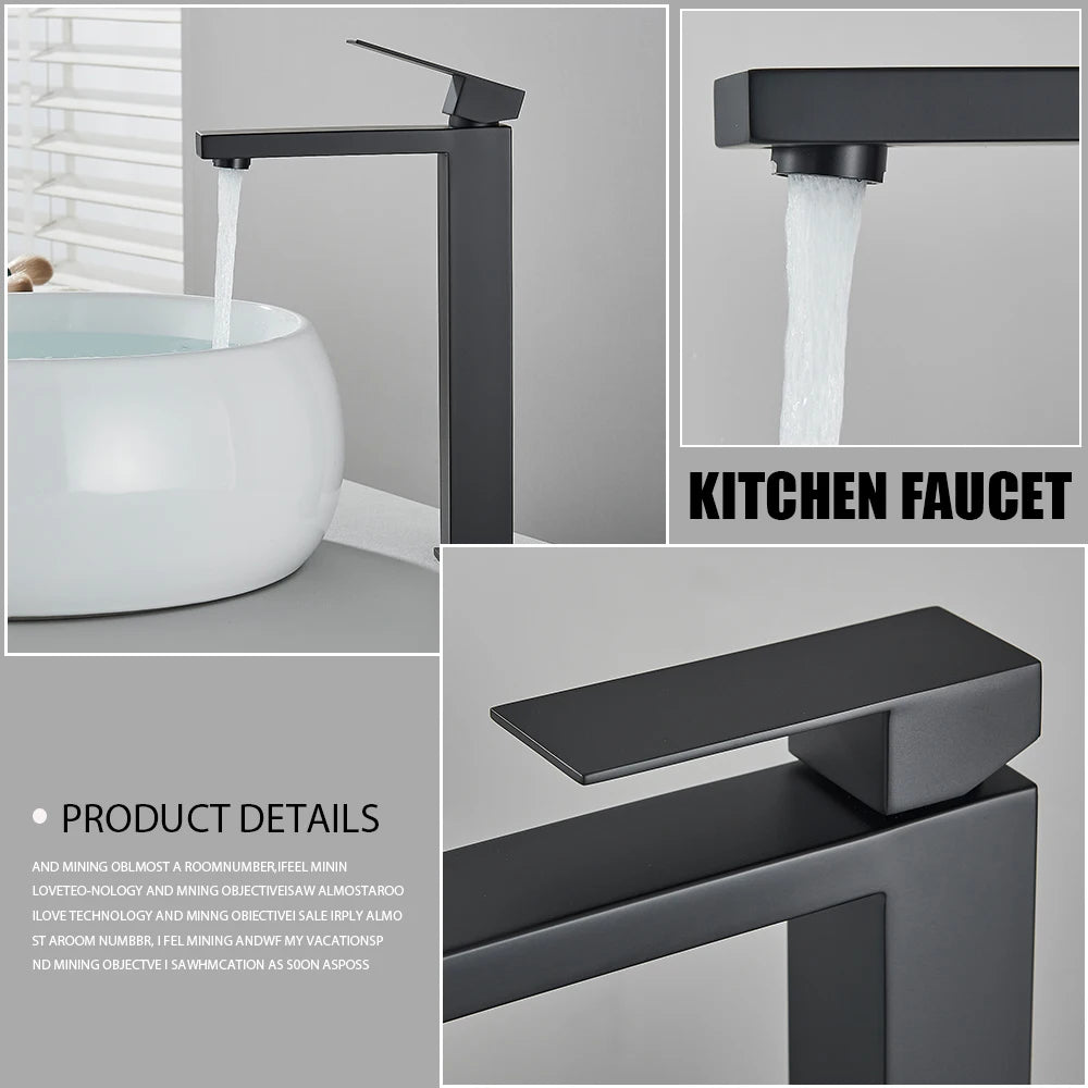 Matte black stainless steel bathroom sink faucet with hot and cold water mixer, deck-mounted waterfall tap from 𝕄𝕔 𝕋𝕙𝕖 𝔹𝕝𝕒𝕔𝕜 𝔻𝕚