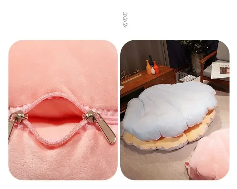 Large Clamshell Cushion plush pillow shaped like a seashell, designed as a kid bed from MC The Black Diamond, perfect for cozy decor.