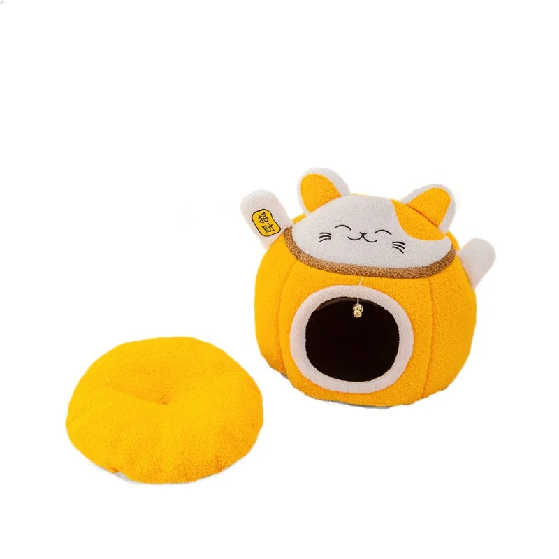 MC THE BLACK DIAMOND Lucky Fortune Cat Pet Bed, cozy winter cave bed for cats with warm, semi-enclosed design.
