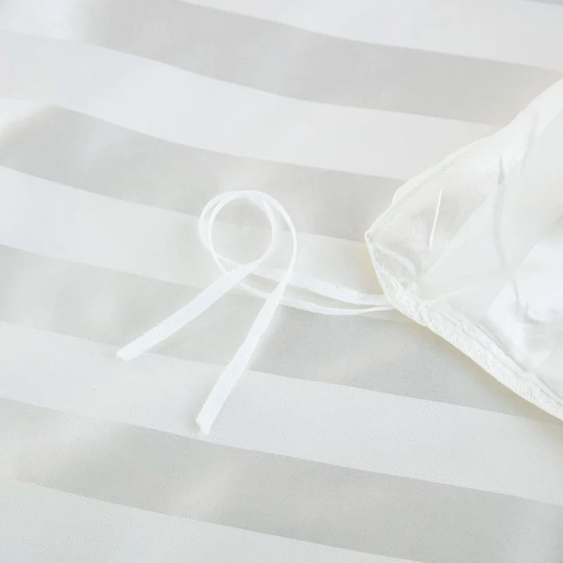 Luxury satin striped duvet cover set in ivory white with silky feel, available in full, queen, king, single, and double sizes.