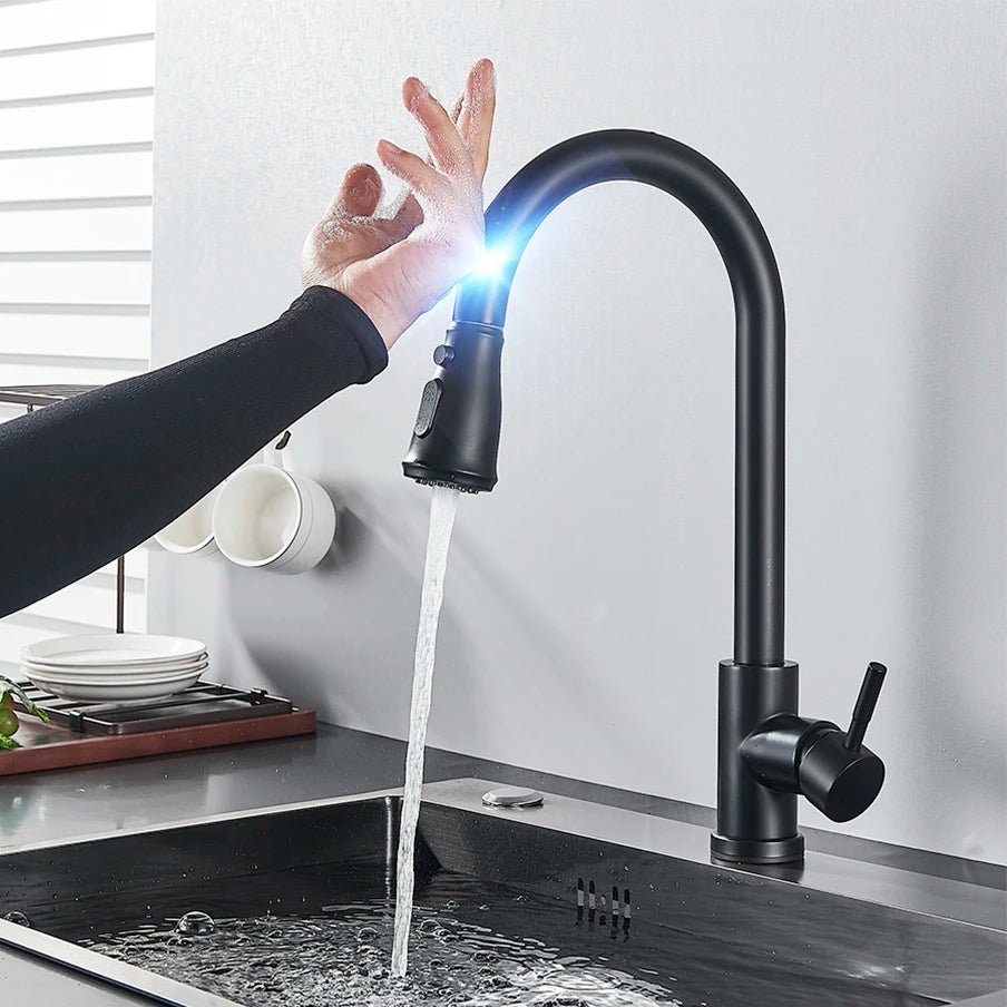 Black MC THE BLACK DIAMOND kitchen sink pull-out sensor faucet with touch control and mixer for hands-free operation.