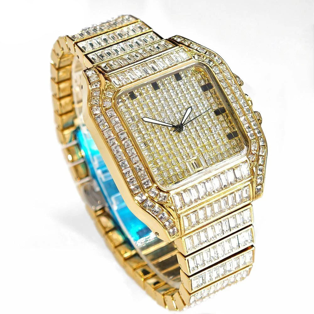 Luxury MC THE BLACK DIAMOND men's rose gold stainless steel quartz watch with iced-out diamond accents and rectangular face.