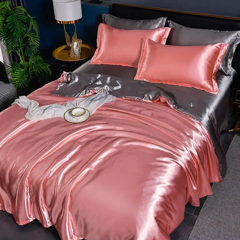 Nordic satin silk bedding set with duvet cover, bedsheet, and pillowcases in elegant solid design by MC THE BLACK DIAMOND